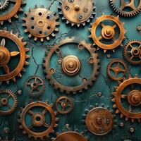 AI generated Interlocking gears and cogs forming an intricate, steampunk-inspired design photo