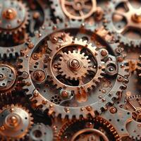 AI generated Interlocking gears and cogs forming an intricate, steampunk-inspired design photo