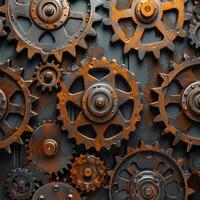 AI generated Interlocking gears and cogs forming an intricate, steampunk-inspired design photo