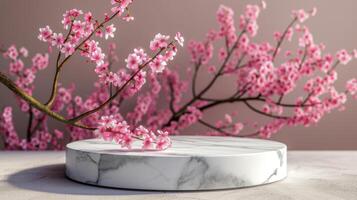 AI generated Marble Podium for Product Display with Spring Sakura Branch photo