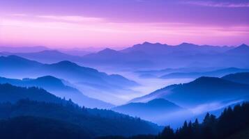 ai generado montaña niebla a amanecer. sombras de púrpura y azul envuelto en niebla evocar el majestad de montañas a amanecer. foto