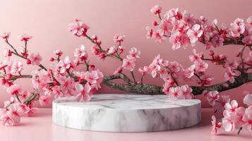 AI generated Marble Podium for Product Display with Spring Sakura Branch photo