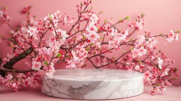 AI generated Marble Podium for Product Display with Spring Sakura Branch photo