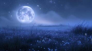 AI generated Mystical Moonlit Meadow. Soft silver and indigo shades merge, conjuring the tranquility of a moonlit meadow under a starry night sky. photo