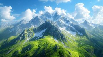 AI generated Mountain Retreat. Majestic peaks and serene landscapes invite relaxation and outdoor adventures photo