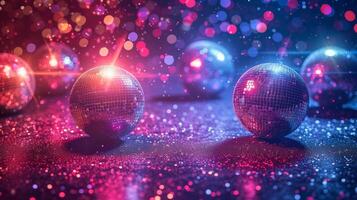 AI generated Retro Disco Fever. Glittering disco balls and colorful strobe lights creating a disco fever atmosphere. photo