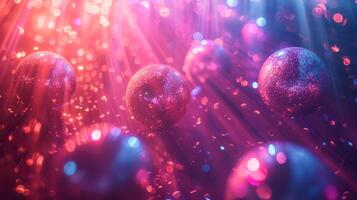 AI generated Retro Disco Fever. Glittering disco balls and colorful strobe lights creating a disco fever atmosphere. photo