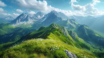 AI generated Mountain Retreat. Majestic peaks and serene landscapes invite relaxation and outdoor adventures photo