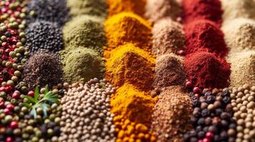 AI generated Rows of colorful spices in geometric patterns, symbolizing global flavors photo