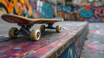 AI generated Skateboard Thrills. Urban graffiti and skateboarding graphics represent the thrill of the skatepark. photo