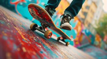 AI generated Skateboard Thrills. Urban graffiti and skateboarding graphics represent the thrill of the skatepark. photo