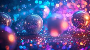 AI generated Retro Disco Fever. Glittering disco balls and colorful strobe lights creating a disco fever atmosphere. photo