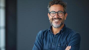 AI generated Smiling Tech Guru. A tech expert's smile conveys expertise in the ever-evolving world of technology photo