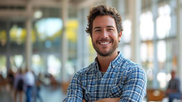 AI generated Smiling Tech Guru. A tech expert's smile conveys expertise in the ever-evolving world of technology photo