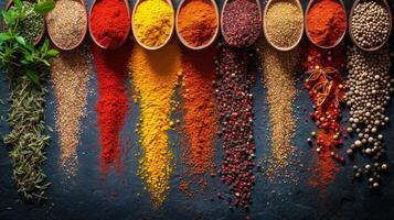 AI generated Rows of colorful spices in geometric patterns, symbolizing global flavors photo