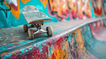 AI generated Skateboard Thrills. Urban graffiti and skateboarding graphics represent the thrill of the skatepark. photo