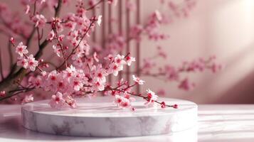 AI generated Marble Podium for Product Display with Spring Sakura Branch photo