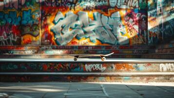 AI generated Skateboard Thrills. Urban graffiti and skateboarding graphics represent the thrill of the skatepark. photo