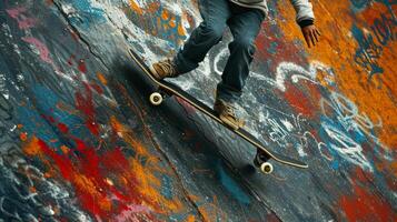 AI generated Skateboard Thrills. Urban graffiti and skateboarding graphics represent the thrill of the skatepark. photo