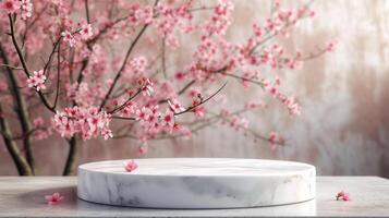 AI generated This stunning product display features a round marble podium as its centerpiece, with a beautiful spring Sakura branch adorning the background. photo