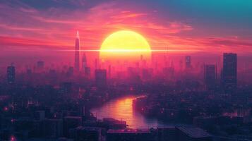 ai generado sintetizador puesta de sol. un puesta de sol terminado un futurista ciudad horizonte con neón luces, inspirado por sintetizador música foto