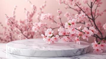 AI generated This stunning product display features a round marble podium as its centerpiece, with a beautiful spring Sakura branch adorning the background. photo