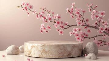 AI generated This stunning product display features a round marble podium as its centerpiece, with a beautiful spring Sakura branch adorning the background. photo