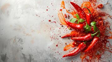 ai generado vibrante salsa salpicaduras y chile pimienta motivos, reflejando picante cocina foto