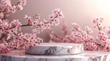 AI generated This stunning product display features a round marble podium as its centerpiece, with a beautiful spring Sakura branch adorning the background. photo