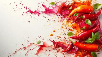 AI generated Vibrant salsa splatters and chili pepper motifs, reflecting spicy cuisine photo