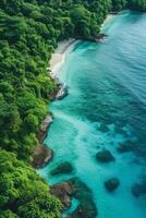 AI generated Tropical Paradise Aerial View. A blend of turquoise waters and lush greenery transports you to a tropical island seen from above photo