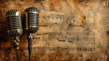 AI generated Vintage Melodies. Retro microphones and music notes adorning a sepia-toned, photo