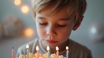 ai generado un cumpleaños chico soplo fuera velas, haciendo un especial deseo foto