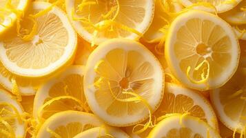 AI generated Zesty lemon slices and zest swirls, capturing the essence of citrus flavors. photo