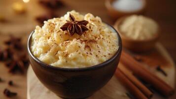 AI generated A classic rice pudding infused with vanilla and garnished with cinnamon photo