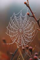 ai generado un de cerca de un cubierto de rocío telaraña, exhibiendo de la naturaleza intrincado arte foto