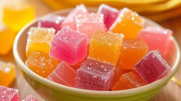 AI generated A colorful bowl of cubed jelly cubes, each bursting with fruity flavors and shimmering in the light photo