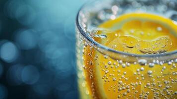 AI generated A close-up of condensation glistening on a cold glass of lemonade in the summer sun photo