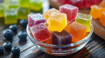 AI generated A colorful bowl of cubed jelly cubes, each bursting with fruity flavors and shimmering in the light photo