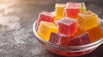 AI generated A colorful bowl of cubed jelly cubes, each bursting with fruity flavors and shimmering in the light photo