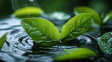 AI generated A close-up of tea leaves unfurling in hot water, revealing their intricate shapes and colors photo