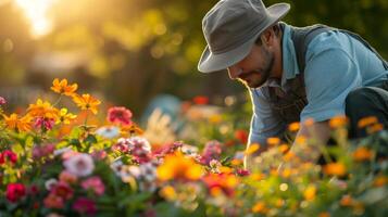 ai generado un dedicado jardinero meticulosamente tendiendo a un cama de vibrante flores debajo el Mañana Dom foto