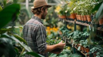 ai generado un diligente botánico examinando un variedad de exótico plantas en un hermosamente ajardinado invernadero foto