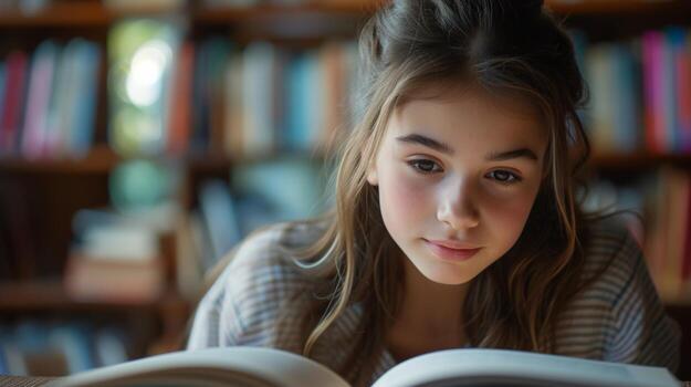AI generated A girl intently reading a novel for her literature class, escaping into the world of words photo