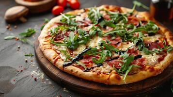 AI generated A gourmet pizza topped with arugula, prosciutto, and shaved Parmesan photo
