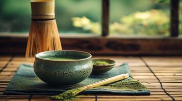 AI generated A Japanese matcha tea preparation, showcasing a vibrant green tea bowl and a bamboo whisk photo