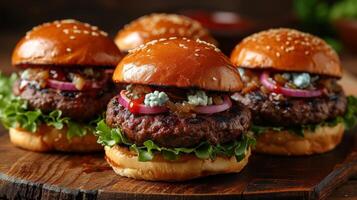 AI generated A gourmet slider trio featuring mini burgers with various toppings like blue cheese and caramelized onions photo