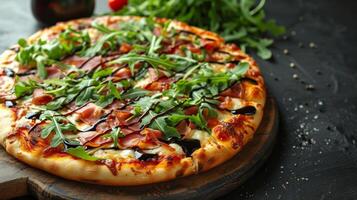 AI generated A gourmet pizza topped with arugula, prosciutto, and shaved Parmesan photo