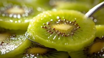 AI generated A macro shot of a spoon piercing through a wobbly green kiwi jelly, revealing its juicy core photo