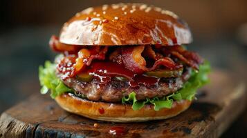 ai generado un Agua en la boca tocino hamburguesa coronado con crujiente tocino tiras, lechuga foto